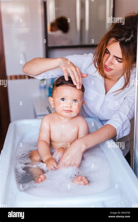 bathing mom son